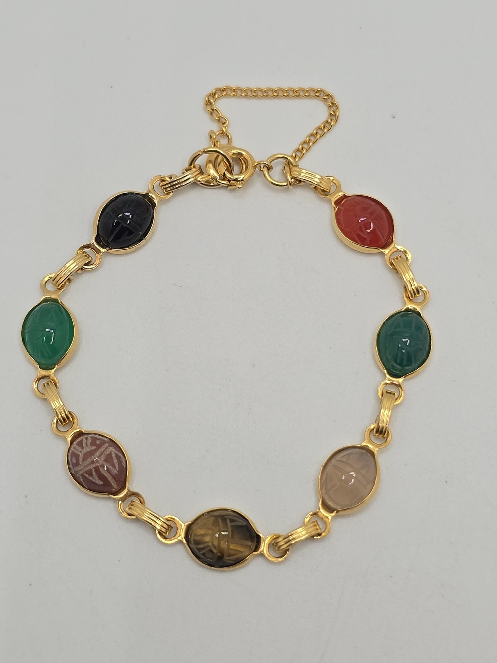 Carved Scarab Gold Tone Bracelet Multicolor Glass Cabochon Vintage 6.75"